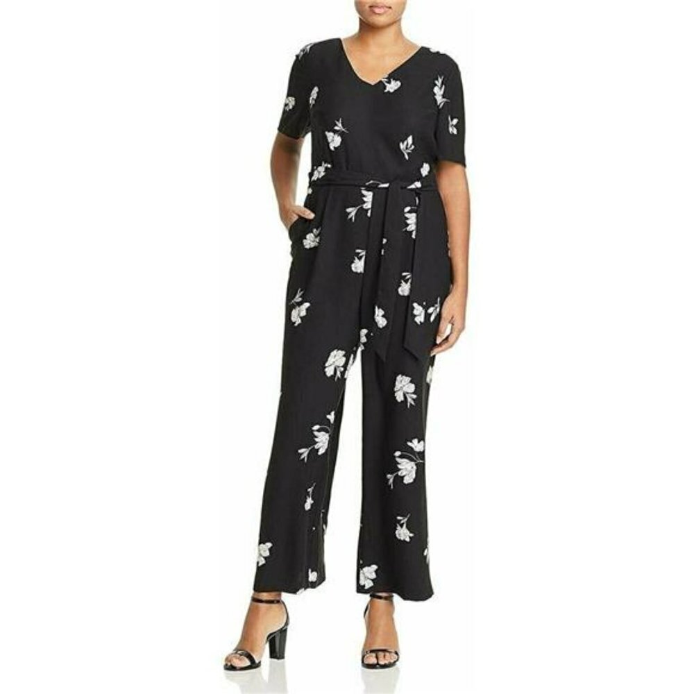 Vince Camuto Jumpsuit Flower Printed V-Neck Rich Black  size 12‎ NWT